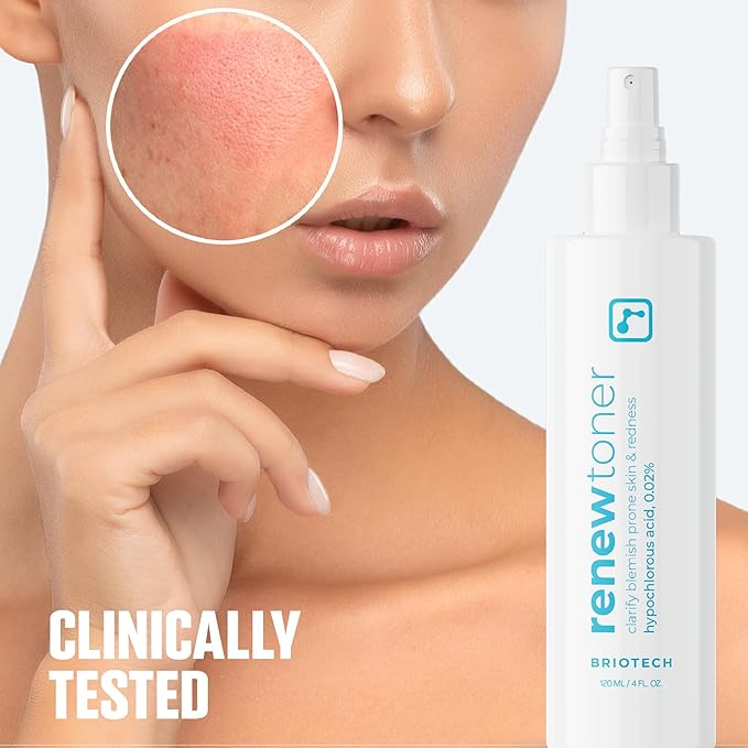 BRIOTECH Skin Renew Toner, Hypochlorous Acid Spray Topical Skin Spray for Face and Skin, Minimize Appearance of Blemishes, Soothing Mist for Redness & Bumps, Stocking Stuffer, 4 fl oz ea, 2 ct
