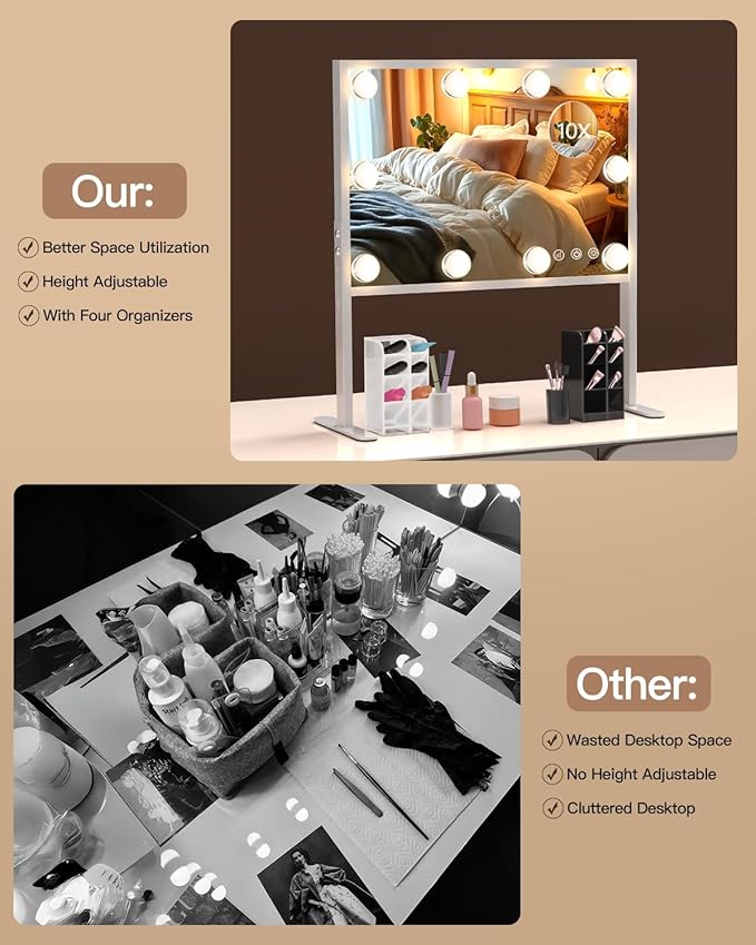 BESTOPE PRO Vanity Mirror with Lights, 15.7" x 20.8" Height & Brightness Adjustable Hollywood Mirror, Lighted Makeup Mirror with Storage,3 Color Lights,10X Magnification,USB Charging Port, Women Gifts