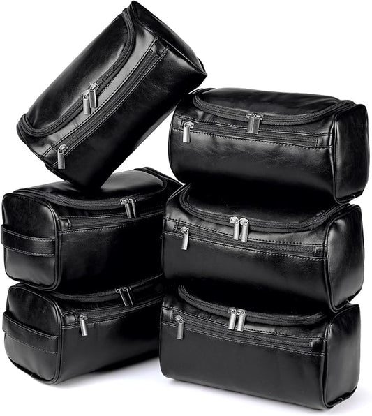 Aliceset 6 Pcs Groomsmen Gift Groomsmen Toiletry Bags Set of 6 Leather Toiletry Bag for Men with Hook Leather Wedding Proposal Bag with Side Handle Father Gift(Black)