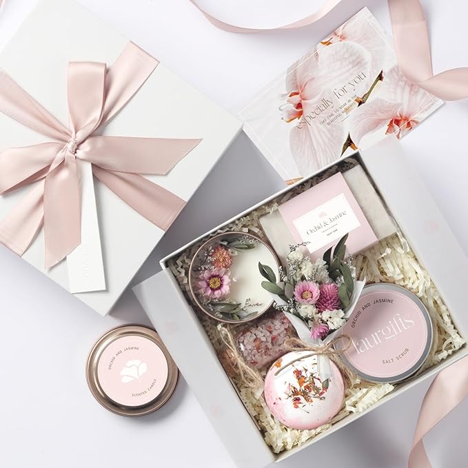 Orchid & Jasmine Spa Gift Baskets for Women – Luxury Birthday Bath Gifts for Mom, Wife, Sister, Friend - Self-Care and Relaxation Mother’s Day Gifts - Gift Baskets for Her for All Occasions