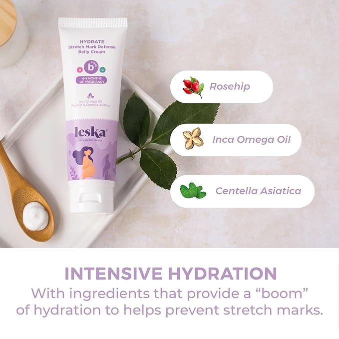 Leska Maternity Stretch Mark Cream | STAGE B: HYDRATE Stretch Mark Defense Belly Cream (Pregnancy Months 6-9) | Part of a Complete 3 Stage Pregnancy Skin Care System | New Mom Gifts (4oz)