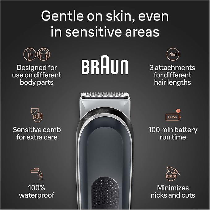 Braun Body Groomer 5 for Men, BG5340, Manscaping Tool, SkinShield Technology, Sensitive Comb, Lifetime Sharp Metal Blade, Body Groomer for Men, Gray/White