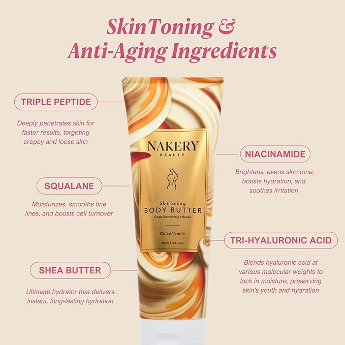 Nakery Skin Toning Body Butter for Women - Firming Body Lotion for Women - Peptide Infused Body Lotion for Crepey & Sagging Skin - Skin Firming Lotion for Neck, Arms & Legs - Dulce Vanilla