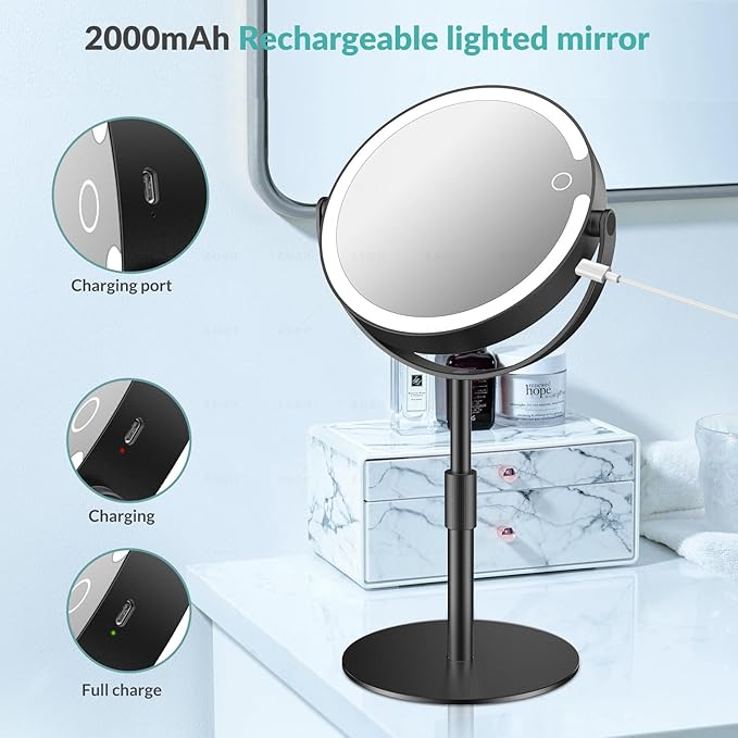 Lighted Magnifying Mirror 10X 1X Magnification, Double Sided Makeup Mirror, Rechargeable LED Beauty Mirror with 3 Color Setting, Adjustable Height Vanity Desk Mirror, Matte Black