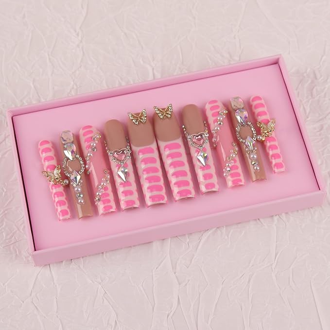 Handmade Press on Nails Pink Party, Extra Long Acrylic Nail Tips Colorful Crystal Luxury Diamond, Long Square Nails False Nails, Gifts for Women, Reusable Stick On Nails 10Pcs, Size M