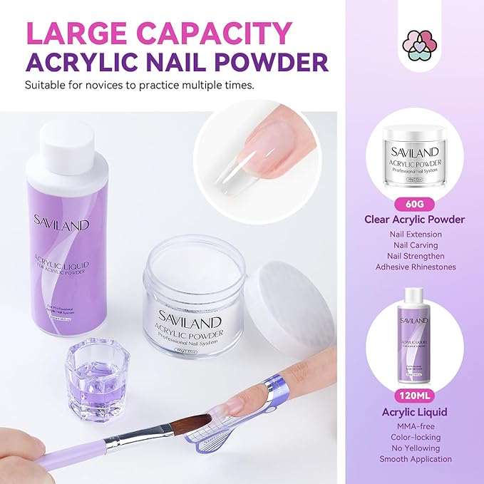 SAVILAND Acrylic Nail Kit with 100% Essential Oil - 2oz Clear Acrylic Powder and Liquid Set 120ml with Nail Practice Mat Dehydrator Primer Professional Acrylic Nail Kit Set for Beginners DIY Nail Art