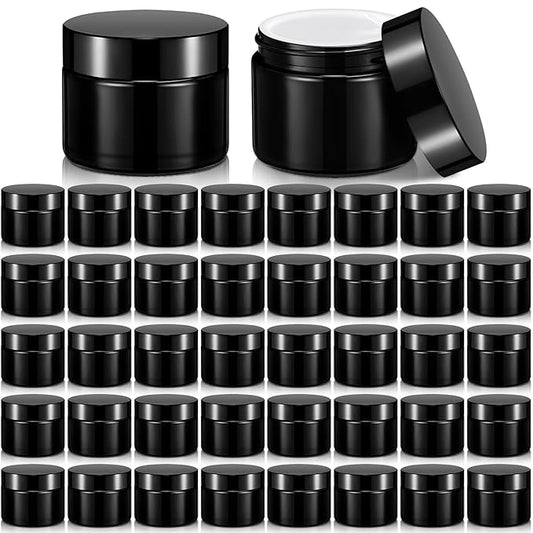 Domensi 32 Pcs 2 oz Glass Jars with Lids Travel Size Round Leakproof Empty Cosmetic Jars with Inner Liners Lid for Storing Makeup Lotions Face Cream Ointments Candle DIY Making(Black)