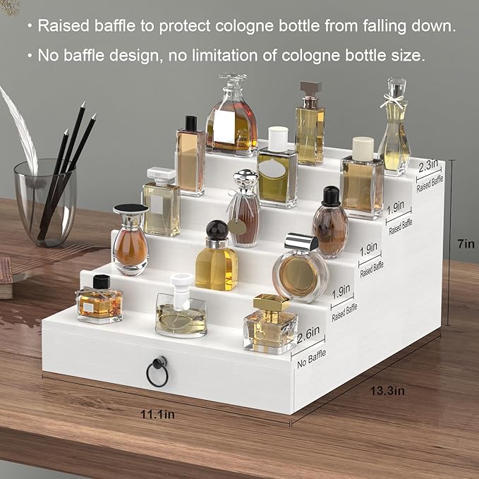 Cologne Organizer for Men, 5 Tier White Cologne Shelf, Perfume Stand with Drawer and Hidden Compartment Perfume Display Holder - A Gift for Men