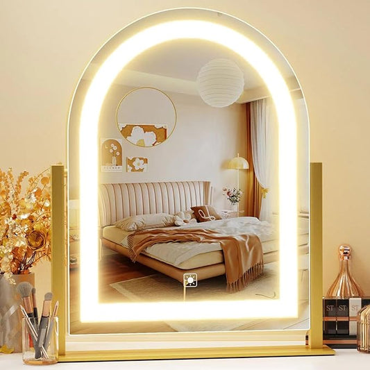 Arched Makeup Vanity Mirror with Lights 17.2" Large LED Lighted Mirror, Hollywood Make Up Mirror with Lighting, Smart Touch,Detachable 5X Magnification 360° Rotation, (Gold,Gift Box)