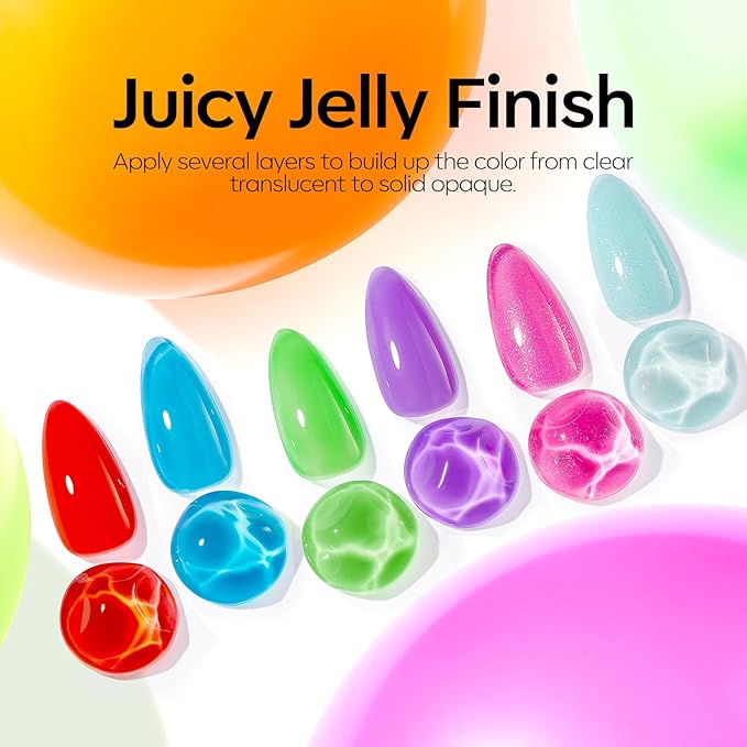 modelones Jelly Gel Nail Polish, 6 Colors Summer Gel Polish Rainbow Neon Red Blue Green Pink Purple Nail Art Design Translucent Soak Off Manicure Salon DIY Girls Women Gift