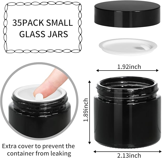 KEYWING 2oz Small Glass Jars, 35 Pack Black Glass Lotion Containers with Black Lids, Round Sample Jars with Inner Liners for Cream, Powders and Ointments