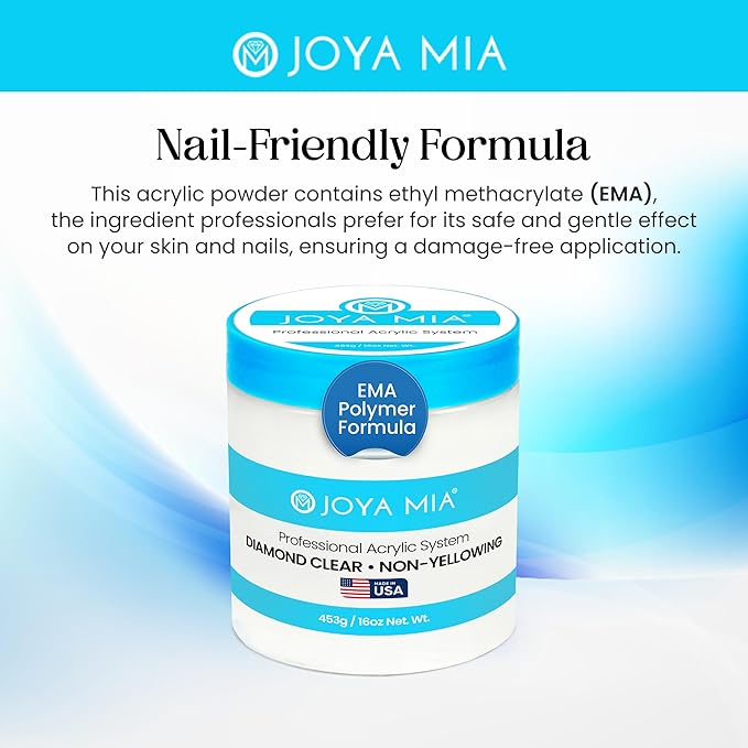 Joya Mia Acrylic Powder for Nails, MMA-Free, Super Adhesion Professional Powder for Flawless & Long-Lasting Nail Enhancements, Easy Application, Vibrant & Stunning Colors - Diamond Clear, 16 oz