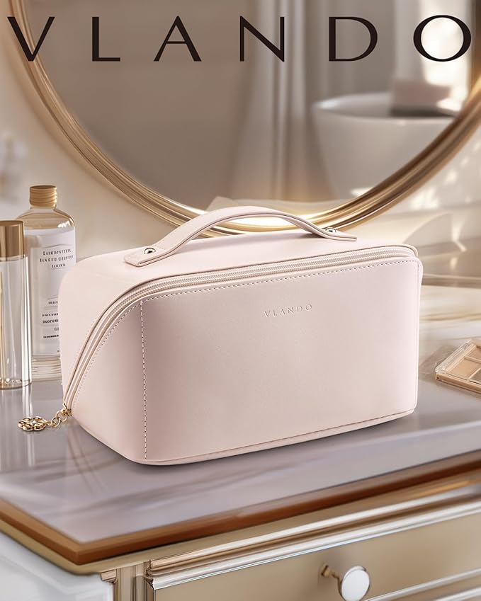 Vlando Makeup Travel Bag, PU Leather Portable Make up Organizer Bag Open Flat Toiletry Bag with Handle and Divider Gifts for Traveler Women Girls Apricot White