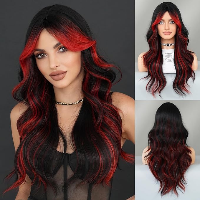 Black Red Highlight Long Wavy Wig with Curtain Bang 26 Inch Red Black Ombre Synthetic Heat Resistant with Dark Root Wig for Women Daily Party used.