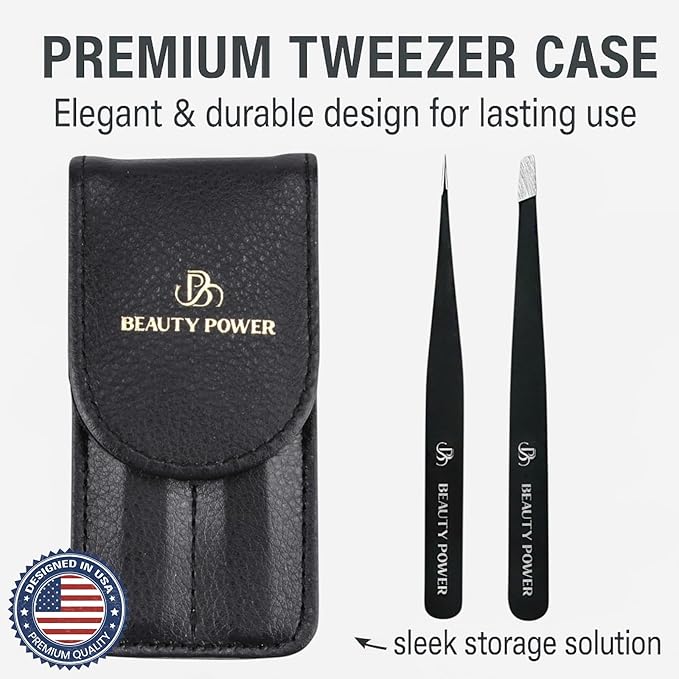 Professional Tweezers Set – Slant & Point, Ultra Precision German Stainless Steel Tweezers for Eyebrows, Chin, Ingrown Hair & Facial Grooming – Lightweight with Travel Case (Matte Black)