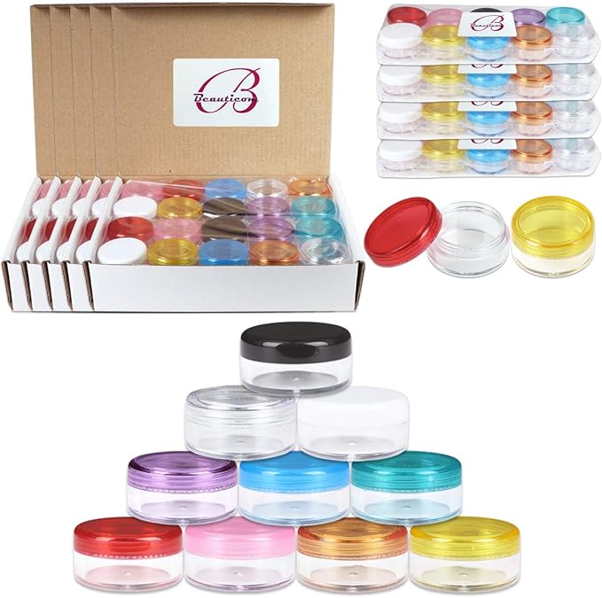 (Quantity: 200 Pieces) Beauticom 5G/5ML Mix Color Jars with RED Lids for Scrubs, Oils, Toner, Salves, Creams, Lotions, Makeup Samples, Lip Balms