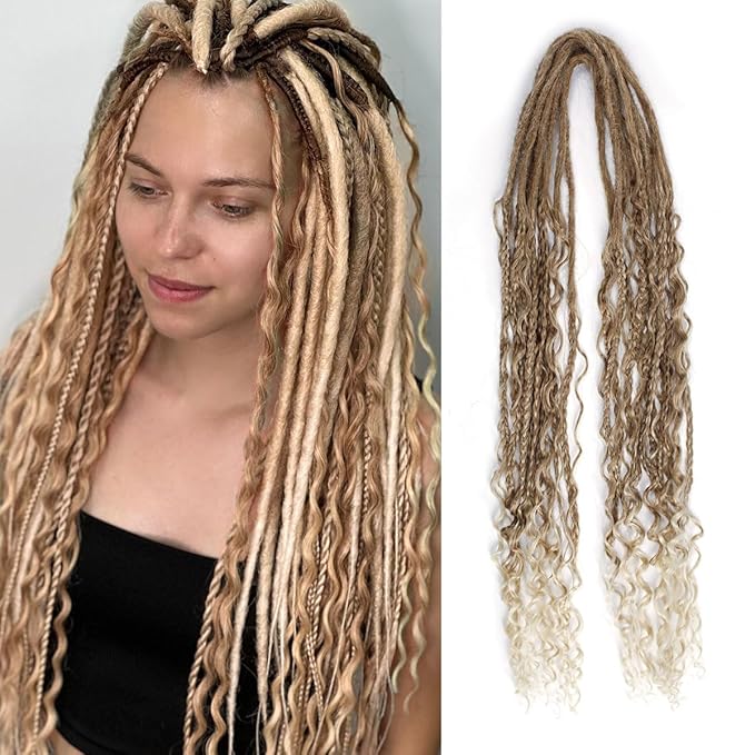 24 In Boho Braid Dreadlock Extensions, 10 Strands Brown to Blonde Synthetic Curly Dreads Extensions with Box Braid, 100% Handmade Dreads Hippie Style Dreadlocks for Woman