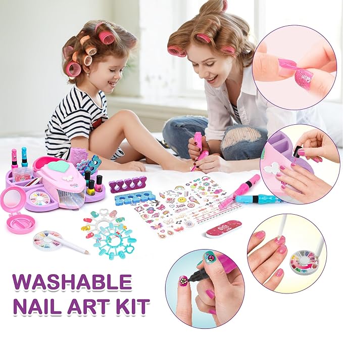Nail Kit For Girls - Girls Toys 8 -10, Kids Nail Polish Set with Nail Dryer & Temporary Tattoo Kids, Spa Day Kit for Girls, Manicure Birthday Gifts Toys for Girls 6 7 8 9 10-12 Years old