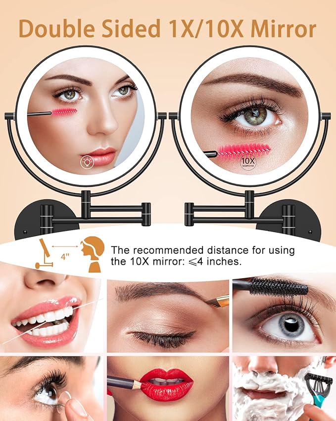 Benbilry 9" Large Wall Mounted Lighted Makeup Mirror, 1X/10X Magnifying Double-Sided AC Powered Bathroom Mirror with 3 Color Lights, Touch Dimmable, Extended Arm 360 Rotation, Black