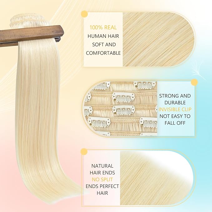 Blonde Hair Extensions Real Human Hair 12 Inch 75g Remy Human Hair Straight Clip ins for Women #60 Platinum Blonde Clip in Hair Extensions