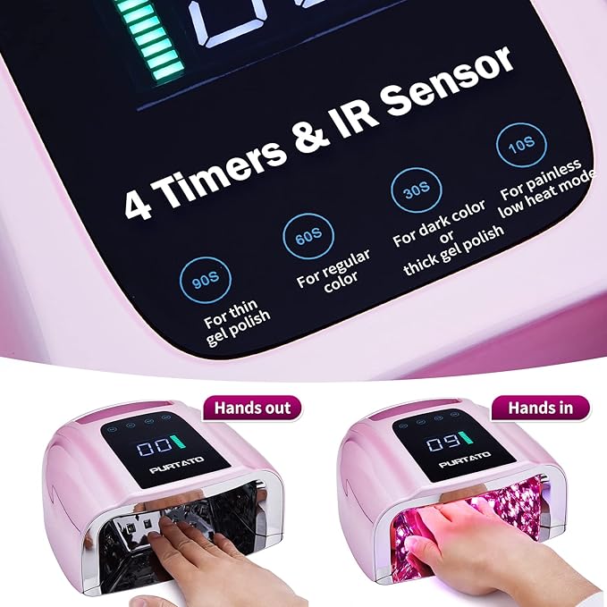 Professional Rechargeable 96W UV LED Portable Cordless UV Light for Nail Lamp Machine with Removable Stainless Steel Bottom,4 Timer Setting and Smart Sensor Nail Dryer (Plating Pink)