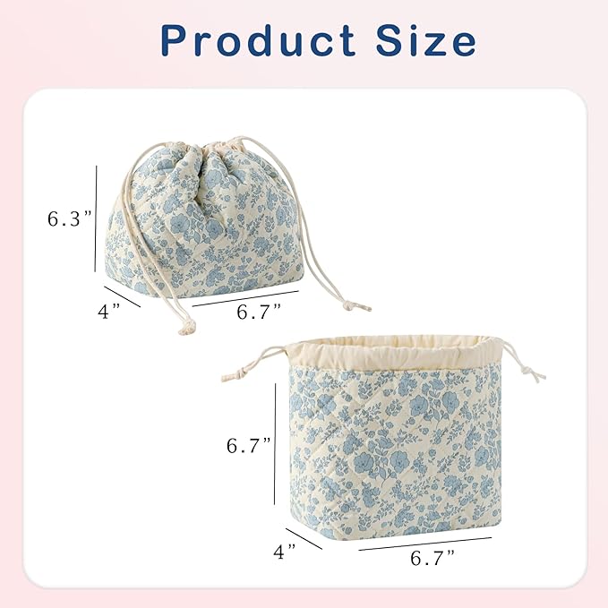 Cotton Quilted Drawstring Makeup Bag with Canvas Lining,Coquette Aesthetic Cute Travel Toiletry Bag,Drawstring Gift Bag for Women and Girls（02Light Blue Flower）