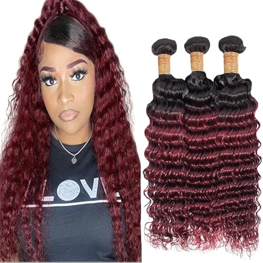 Ombre Burgundy Deep Wave Human Hair Bundles 1B99j Loose Deep Wave Bundles Black and Wine Red Two Tone Brazilian Human Hair Extensions Soft and Silky for Black Women 18 20 22 Inch