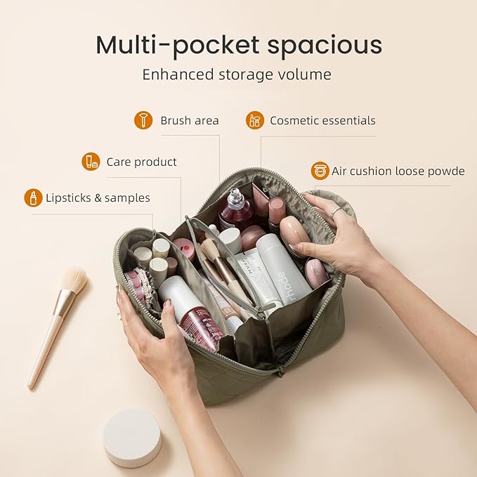 LOVEVOOK Travel Makeup Bag for Women 2Pcs Set, Large Capacity Pouch Open Flat Toiletry Bags with Divider & Handle,Puffer Waterproof Cosmetic Organizer
