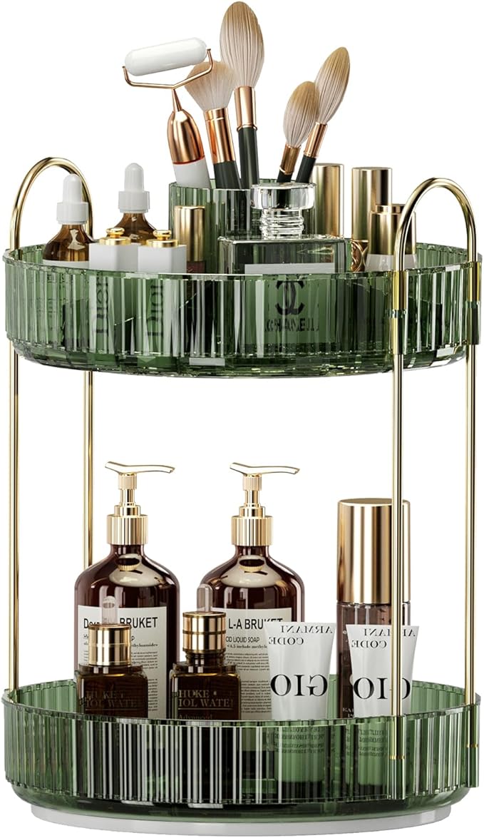 360° Rotating Makeup Organizer, Large-Capacity Skincare Make Up Storage 2 Tier Perfume Organizers Cosmetic Dresser Organizer with Makeup Brush Holder, Fits Bedroom, Bathroom, Vanity Shelf Countertop