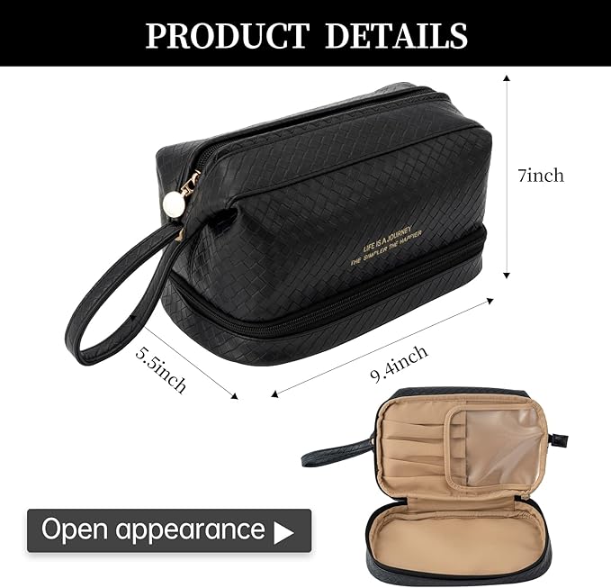 Abiudeng Large Capacity Makeup Bag Ladies Cosmetic Bag Travel Bag with Compartments Portable PU Leather Travel Makeup Bag with Handle