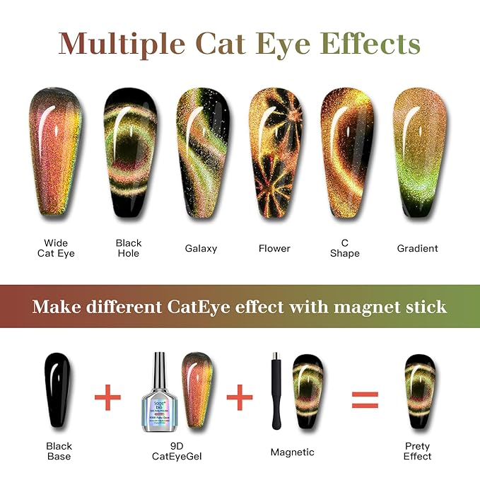 9D Cat Eye Gel Nail Polish Set, 15ml Black + 15ml Ruby Gaze Cat Eye Gel, Includes Silicone Handle Cylinder Magnetic Stick for Mesmerizing 9D Effects