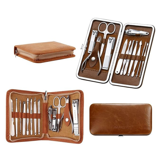 FAMILIFE Manicure Set, Pedicure Kit Nail Clipper Set 13pcs Professional Men Grooming Kit and Men and Women 12 Pieces Grooming Kit with Luxurious Leather Travel Case