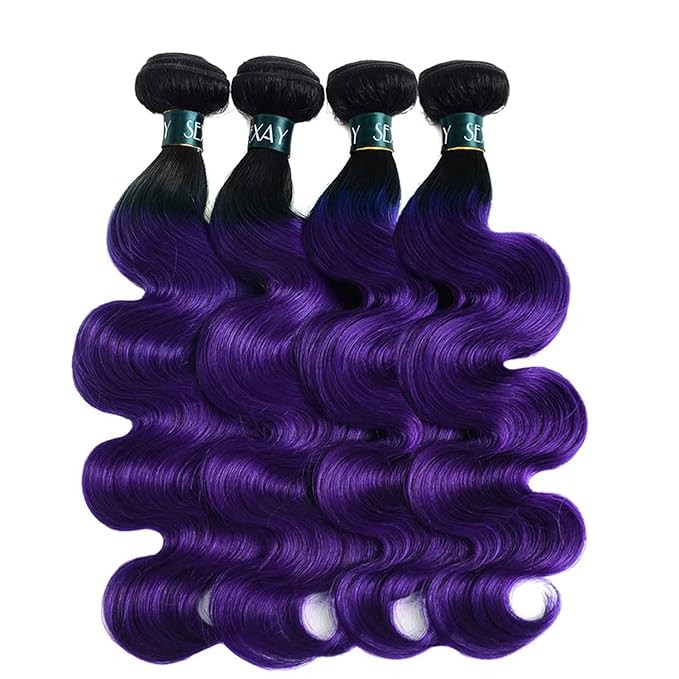 Purple Ombre Bundles with Closure Body Wave Human Hair Weave, Brazilian 3Bundles with Free Closure Virgin Remy Hair Ombre 1b/purple 2 Tone Wavy for Women (141618+12"closure, 1b/Purple)