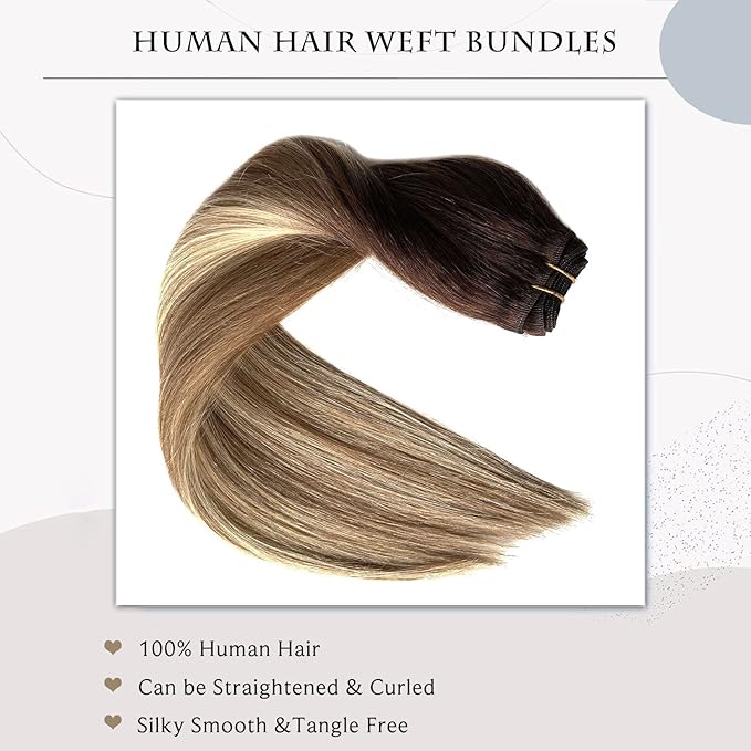 Ubetta Human Hair Extensions Sew in Hair Weft Women,Ombre Walnut Brown to Ash Brown Blonde Highlights Human Hair Weaves Extensions, Straight Remy Human Hair Bundles Sew in Weft Extensions 14Inch 80G
