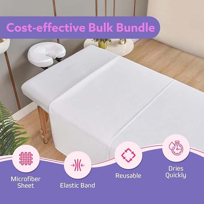 Massage Table Sheets Sets – 4 Set Bundle, 120GSM Double Brushed Microfiber, Premium Massage Sheets Sets, Spa Bed Sheets for Esthetician, Wrinkle & Oil Resistant, White