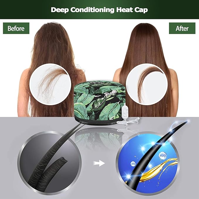 VICARKO Hair Steamer Thermal Heat Cap Deep Conditioning Natural Black Hair Scalp Treatment Spa Hot Head Care Electric for Home Use Leaf Print