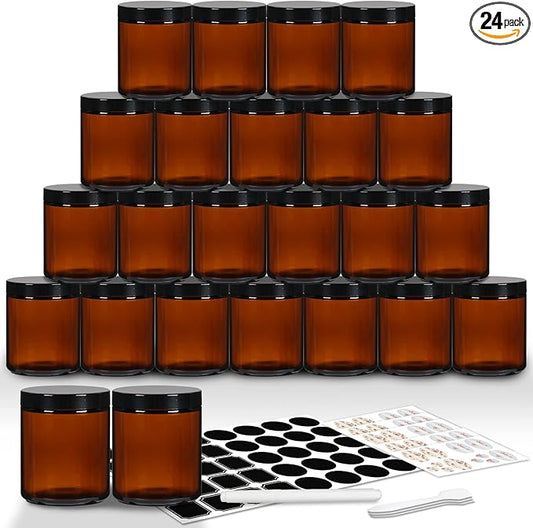 EkkoVla 24 Pack 8 oz Amber Round Glass Jars with 24 Black Lids, Candle Making Jar, Empty Refillable Cosmetic Containers for Lotions, Face Creams, Body Butter, Powders, Ointments, Beauty Products