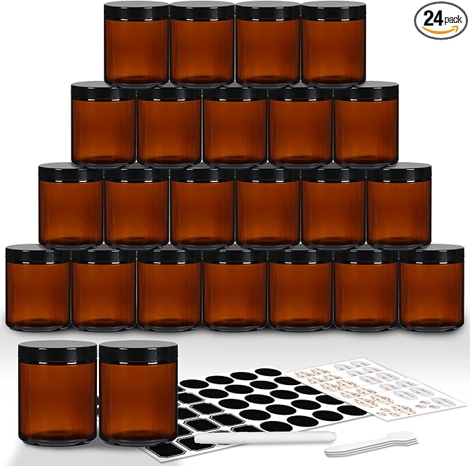 EkkoVla 24 Pack 8 oz Amber Round Glass Jars with 24 Black Lids, Candle Making Jar, Empty Refillable Cosmetic Containers for Lotions, Face Creams, Body Butter, Powders, Ointments, Beauty Products