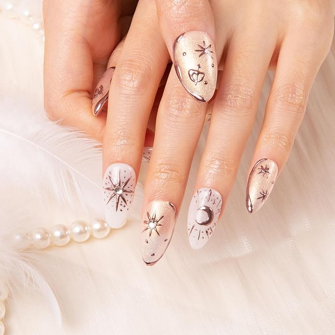 Press on Nails Gilded Sunset | Handmade with Full Covered Crystals | Reusable Fake Nails | Almond Regular 1.0 in | H298-M