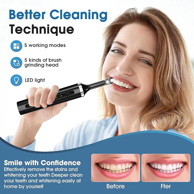 Tooth Polisher - Plaque Remover for Teeth Whitening Dental Tools Electric Tartar Polishing Teeth Cleaning Kit with LED Light 5 Speed Modes with 5 Replacement Brush Heads (Black)