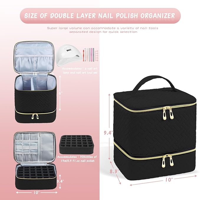 Nail Polish Carrying Case Bag-Holds 30 Bottles, Double-Layer Nail Polish Storage and Nail Dryer Case