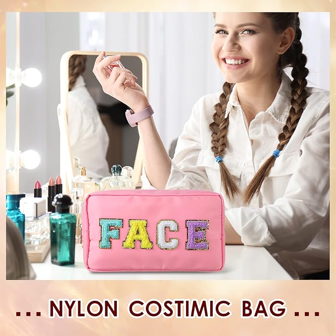 Remerry 4 Pcs Makeup Bag Travel Cosmetic Bag Organization Chenille Letter Toiletries Stuff Pouch Preppy Waterproof Gift for Women Girl Teen (Colorful,Face Skin Hair Stuff)