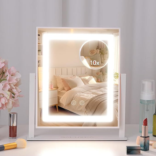 Lighted Makeup Mirror，Hollywood Vanity Mirror with Lights，Touch Control，3 Colors Dimable，Brightness Adjustable，Detachable 10x Magnification，for Vanity Desk Tabletop，Bedroom，360°Rotation，Gift for Women