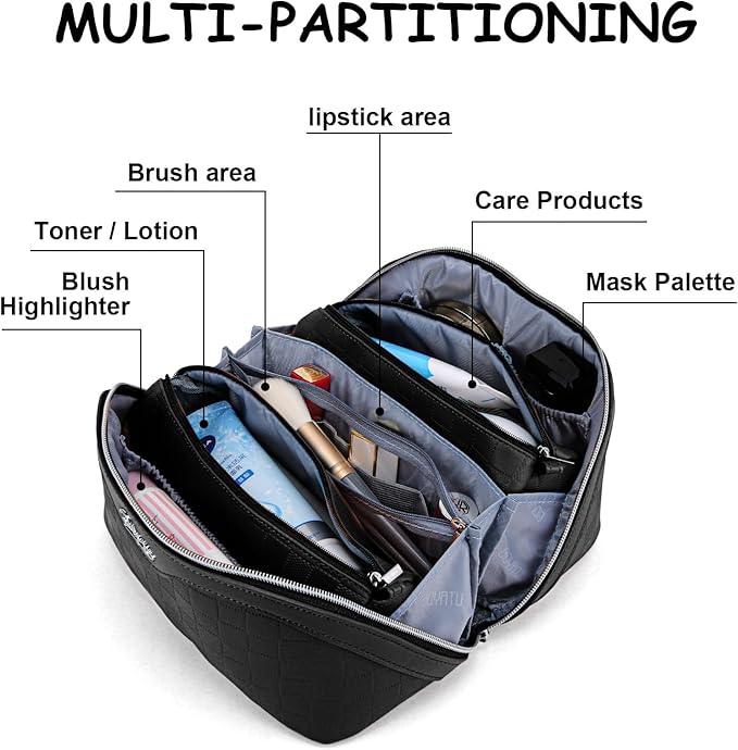 Travel Makeup Bag Organizer Cosmetic Bag: 3 Pcs Set Make up Bags for Women with Handle - Waterproof Vegan Leather Toiletry Bags with Comparments (Black)