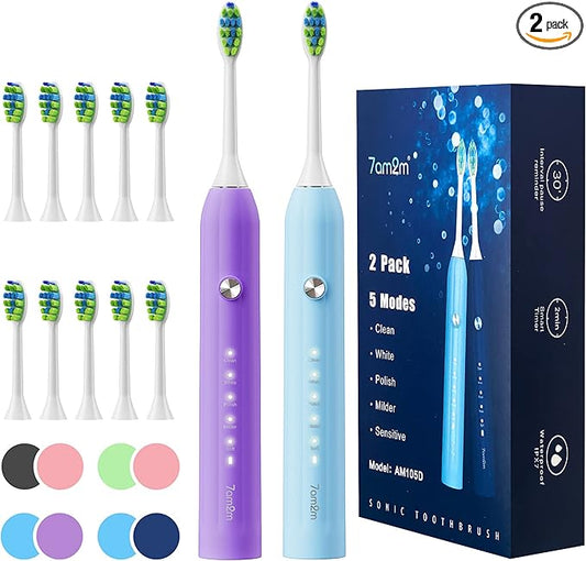 7AM2M Rechargeable Sonic Electric Toothbrush 2 Pack, Soft Toothbrushes for Adults and Kids with 12 Brush Heads, IPX7 One Charge Use for 60 Days, 5 Modes with 2 Minutes Build in Smart Timer
