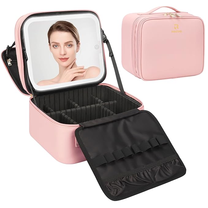 Relavel Makeup Bag with LED Mirror, Small Travel Makeup Case with Rechargeable Lighted Mirror 3 Color Lights, Double Layer Cosmetic Box Makeup Brush Lipstick Holder Organizer for Women, Pink