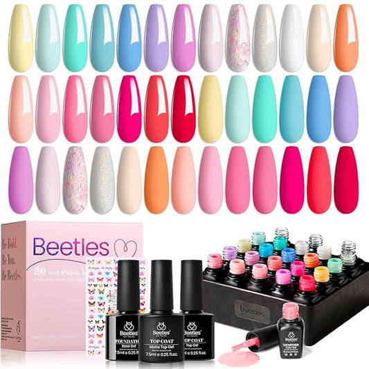Beetles 23Pcs Gel Nail Polish Set with Base Top Coat Spring Pastel Bright Neon Colors Gel Polish Kit Nude Blue Pink Red Green Purple Colors Soak off Uv Nail Gift for Girls