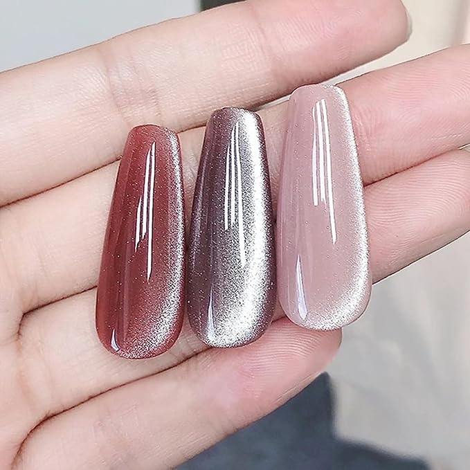 Adhere 5Pcs 12ML Cat Eye Soak Off UV LED Gel Nail Polish Set, Reflective Glitter Cat Eye, Sparkling Diamond Magnetic Transparent Pink Color with Magnet