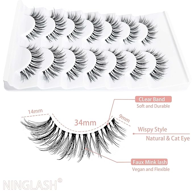 Natural Lashes Wispy False Eyelashes Natural Look NINGLASH Fake Eyelash 14mm Faux 3D Lash Strips 7 Pairs Cat Eye Lash Pack