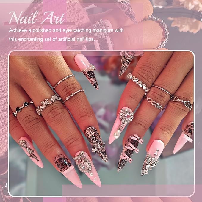 Handmade Press On Nails Stiletto, Pink Press On Nails Long, Rhinestone Lace 3D Nails With Bow For Women Gift, Reusable Stick On Fake Nails Kit With Nail Glue (Lace Charm, S)